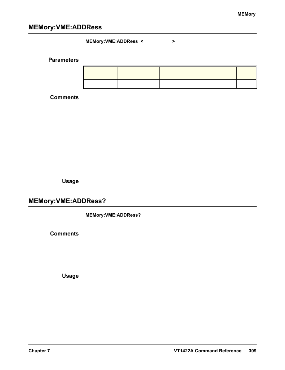 Memory:vme:address, Parameters, Comments | Usage, Memory:vme:address memory:vme:address | VXI VT1422A User Manual | Page 311 / 529