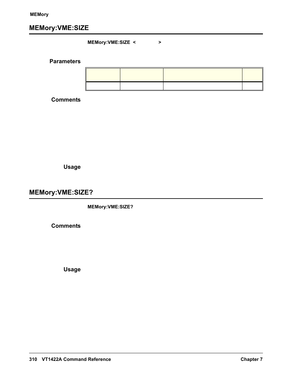 Memory:vme:size, Parameters, Comments | Usage, Memory:vme:size memory:vme:size | VXI VT1422A User Manual | Page 312 / 529