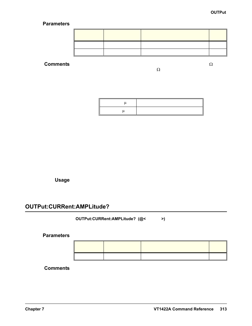 Parameters, Comments, Usage | Output:current:amplitude | VXI VT1422A User Manual | Page 315 / 529