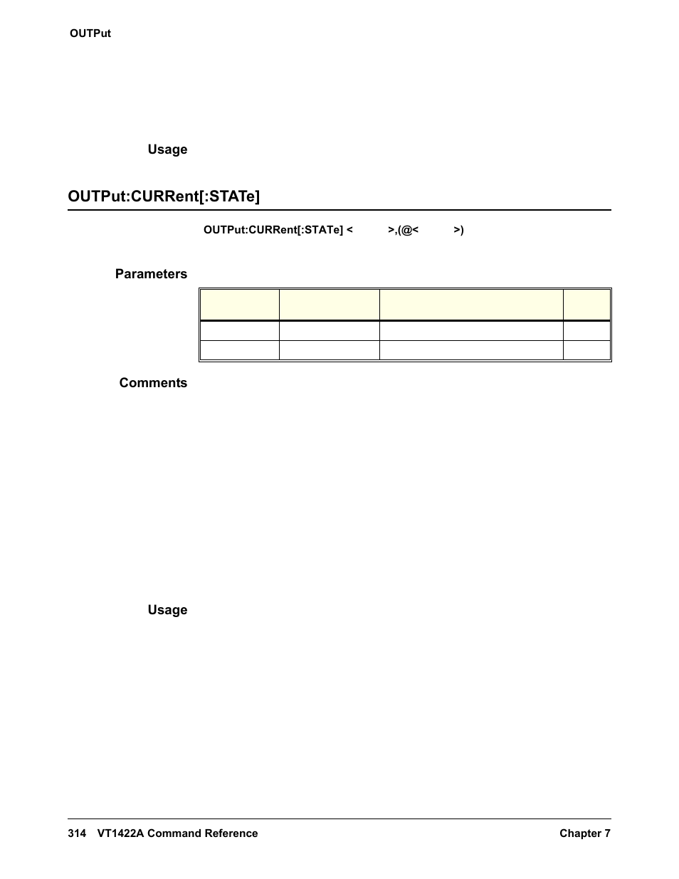 Usage, Output:current[:state, Parameters | Comments | VXI VT1422A User Manual | Page 316 / 529