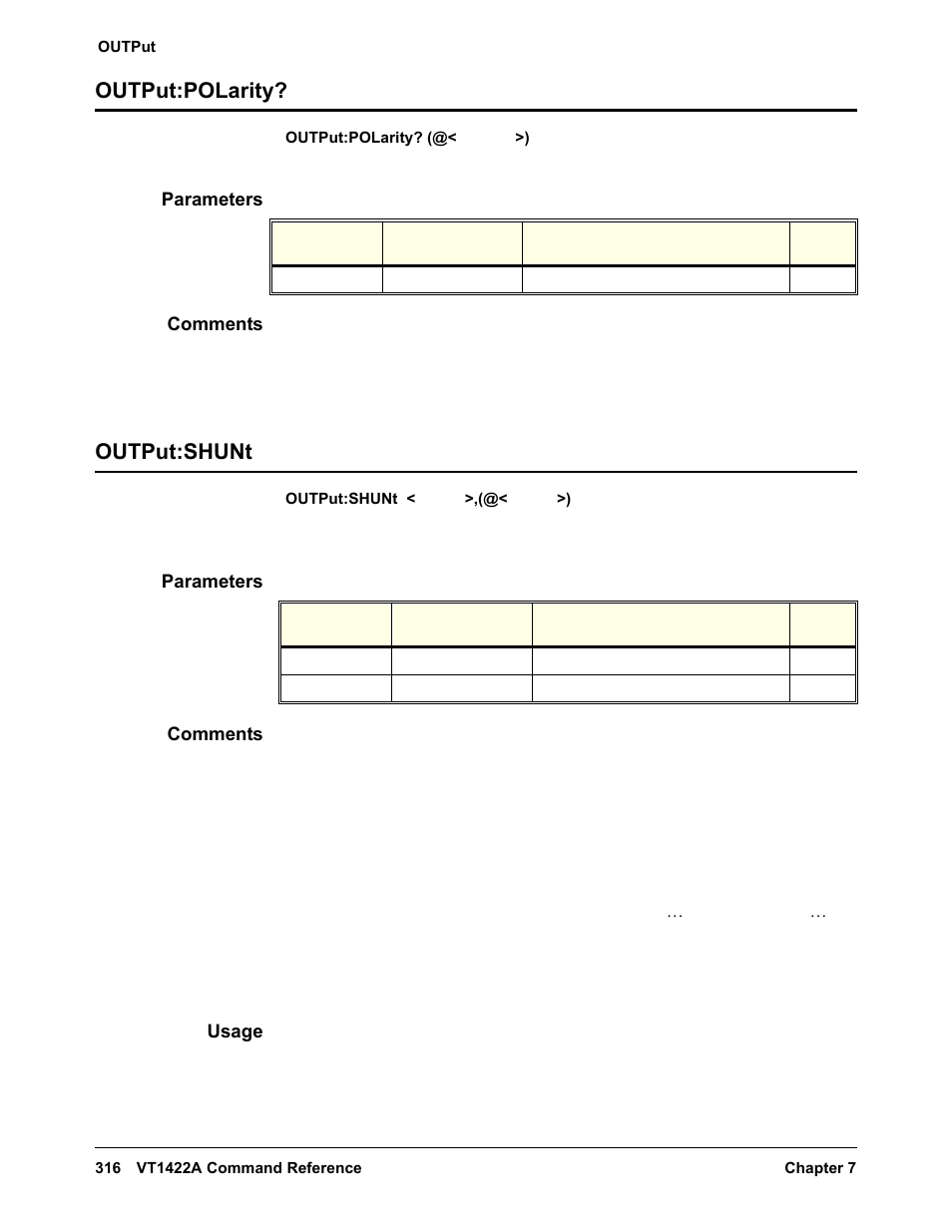 Output:polarity, Parameters, Comments | Output:shunt, Usage, Output:polarity? output:shunt | VXI VT1422A User Manual | Page 318 / 529