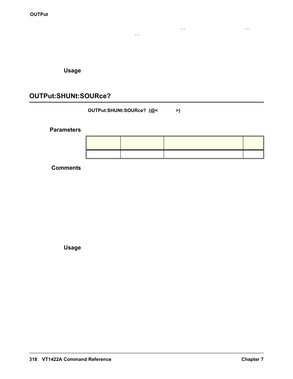 Usage, Output:shunt:source, Parameters | Comments | VXI VT1422A User Manual | Page 320 / 529