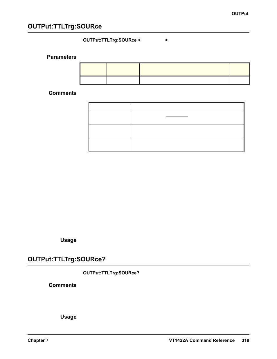 Output:ttltrg:source, Parameters, Comments | Usage, Output:ttltrg:source output:ttltrg:source | VXI VT1422A User Manual | Page 321 / 529