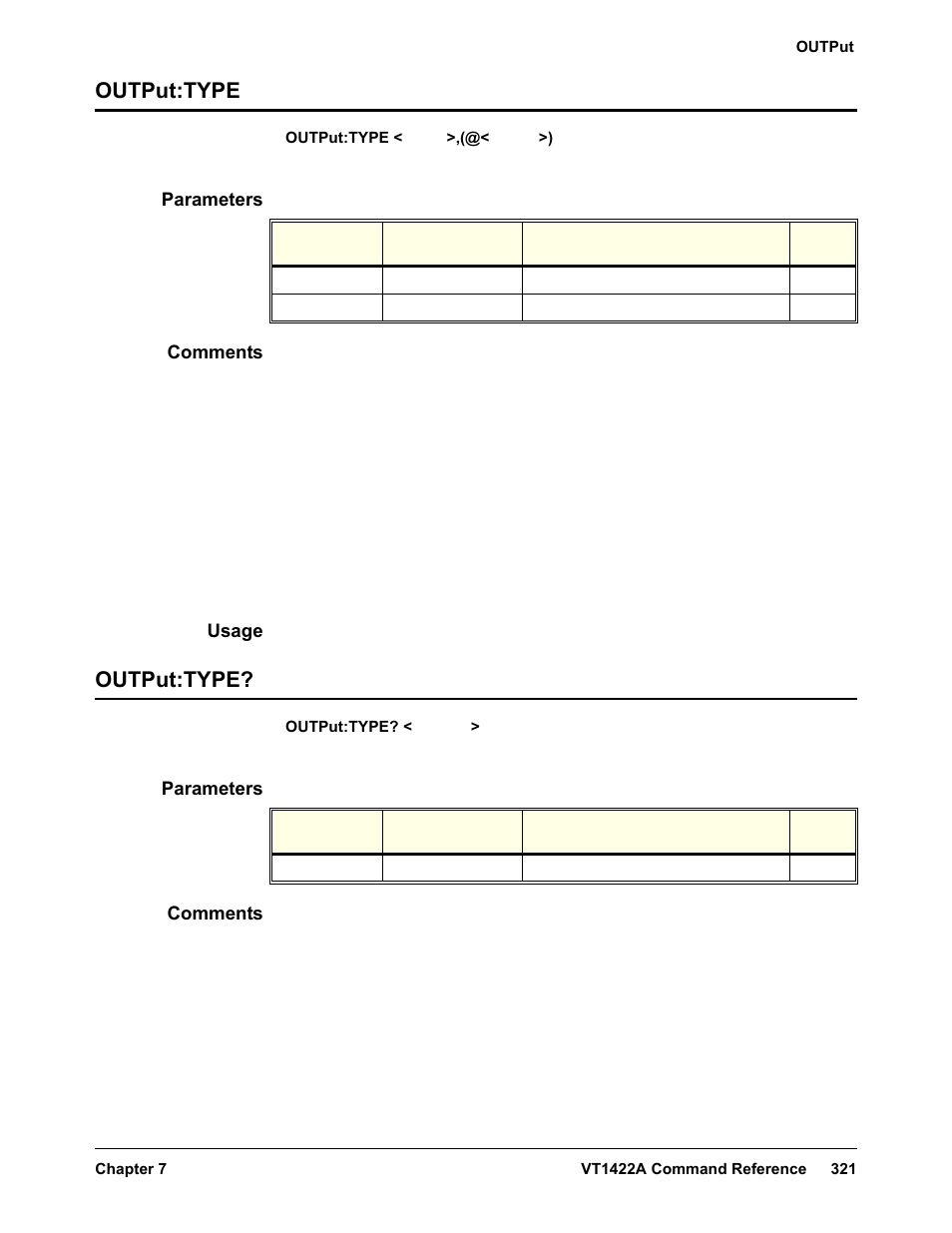 Output:type, Parameters, Comments | Usage, Output:type output:type | VXI VT1422A User Manual | Page 323 / 529