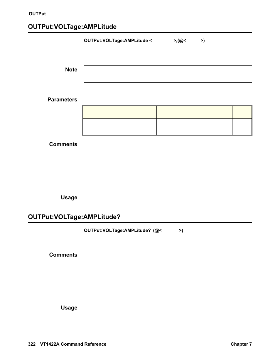 Output:voltage:amplitude, Parameters, Comments | Usage, Output:voltage:amplitude output:voltage:amplitude | VXI VT1422A User Manual | Page 324 / 529