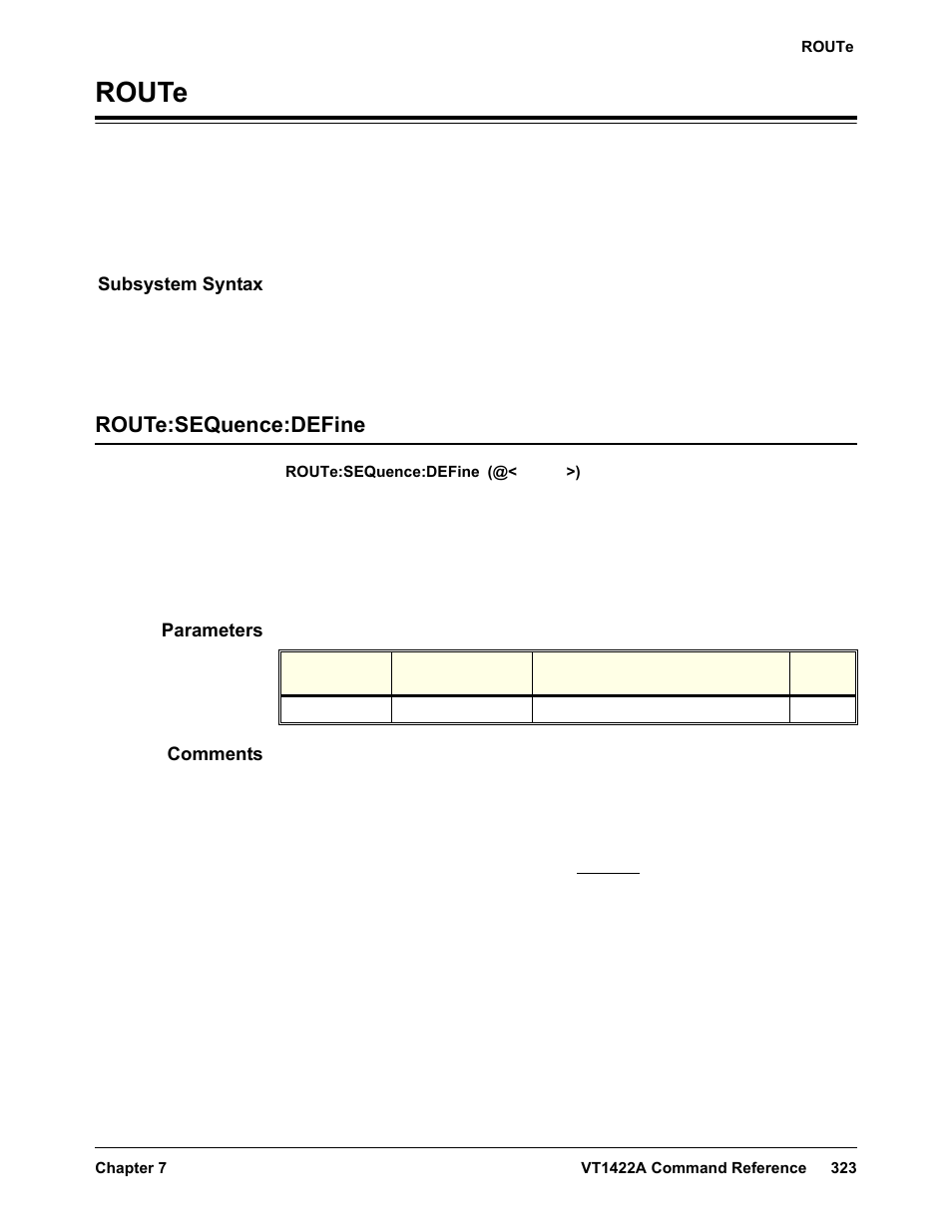 Route, Subsystem syntax, Route:sequence:define | Parameters, Comments | VXI VT1422A User Manual | Page 325 / 529