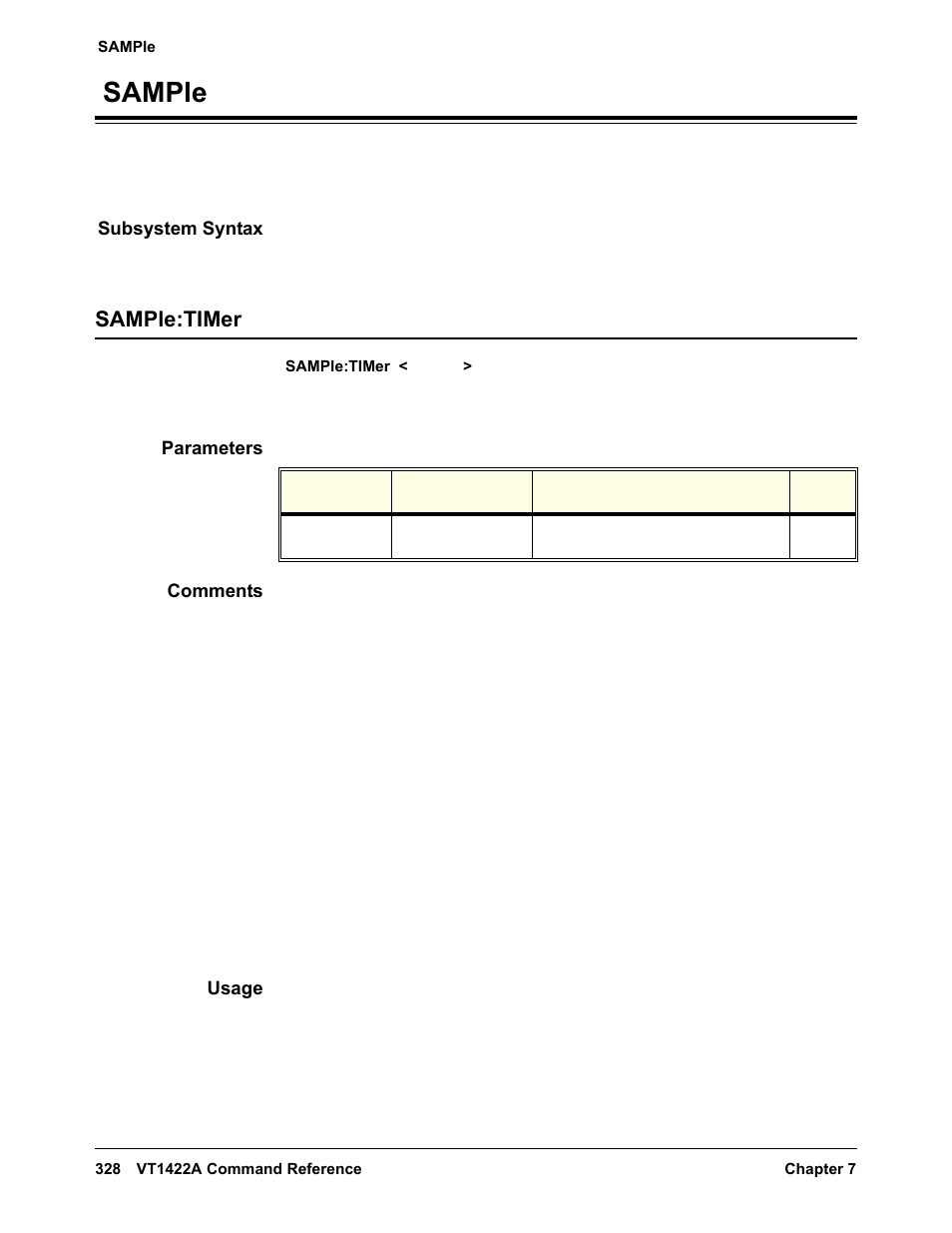 Sample, Subsystem syntax, Sample:timer | Parameters, Comments, Usage | VXI VT1422A User Manual | Page 330 / 529