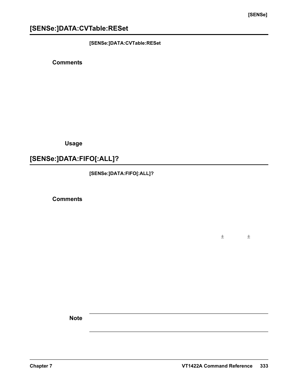 Sense:]data:cvtable:reset, Comments, Usage | Sense:]data:fifo[:all, Sense:]data:cvtable:reset [sense:]data:fifo[:all | VXI VT1422A User Manual | Page 335 / 529