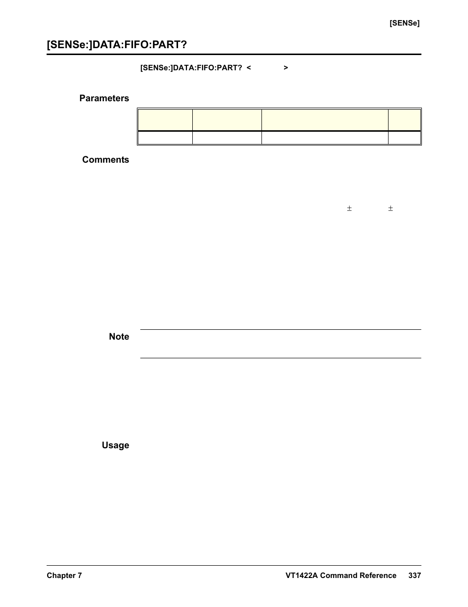 Sense:]data:fifo:part, Parameters, Comments | Usage | VXI VT1422A User Manual | Page 339 / 529