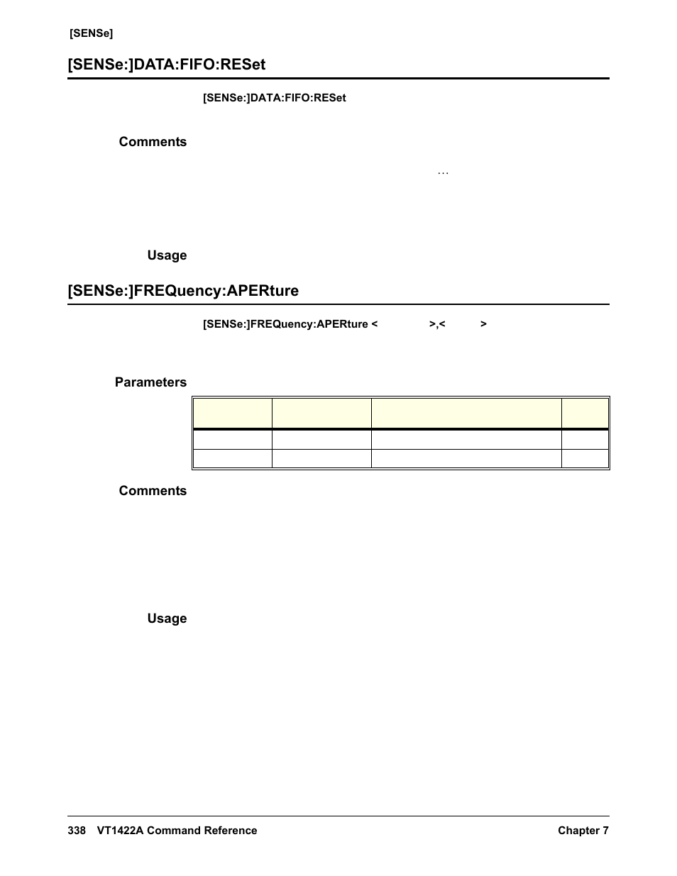 Sense:]data:fifo:reset, Comments, Usage | Sense:]frequency:aperture, Parameters, Sense:]data:fifo:reset [sense:]frequency:aperture | VXI VT1422A User Manual | Page 340 / 529