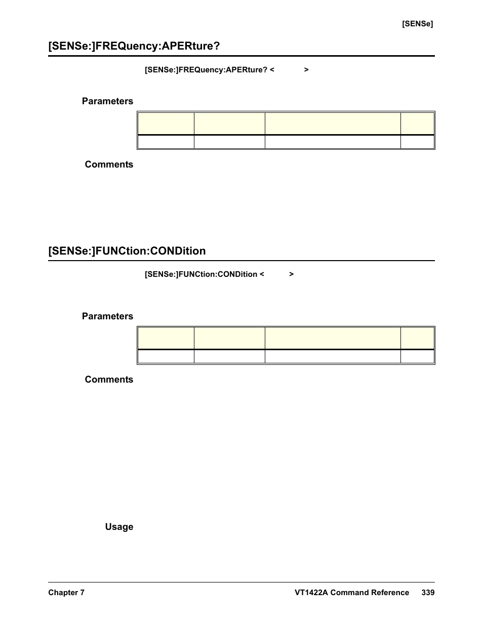 Sense:]frequency:aperture, Parameters, Comments | Sense:]function:condition, Usage | VXI VT1422A User Manual | Page 341 / 529