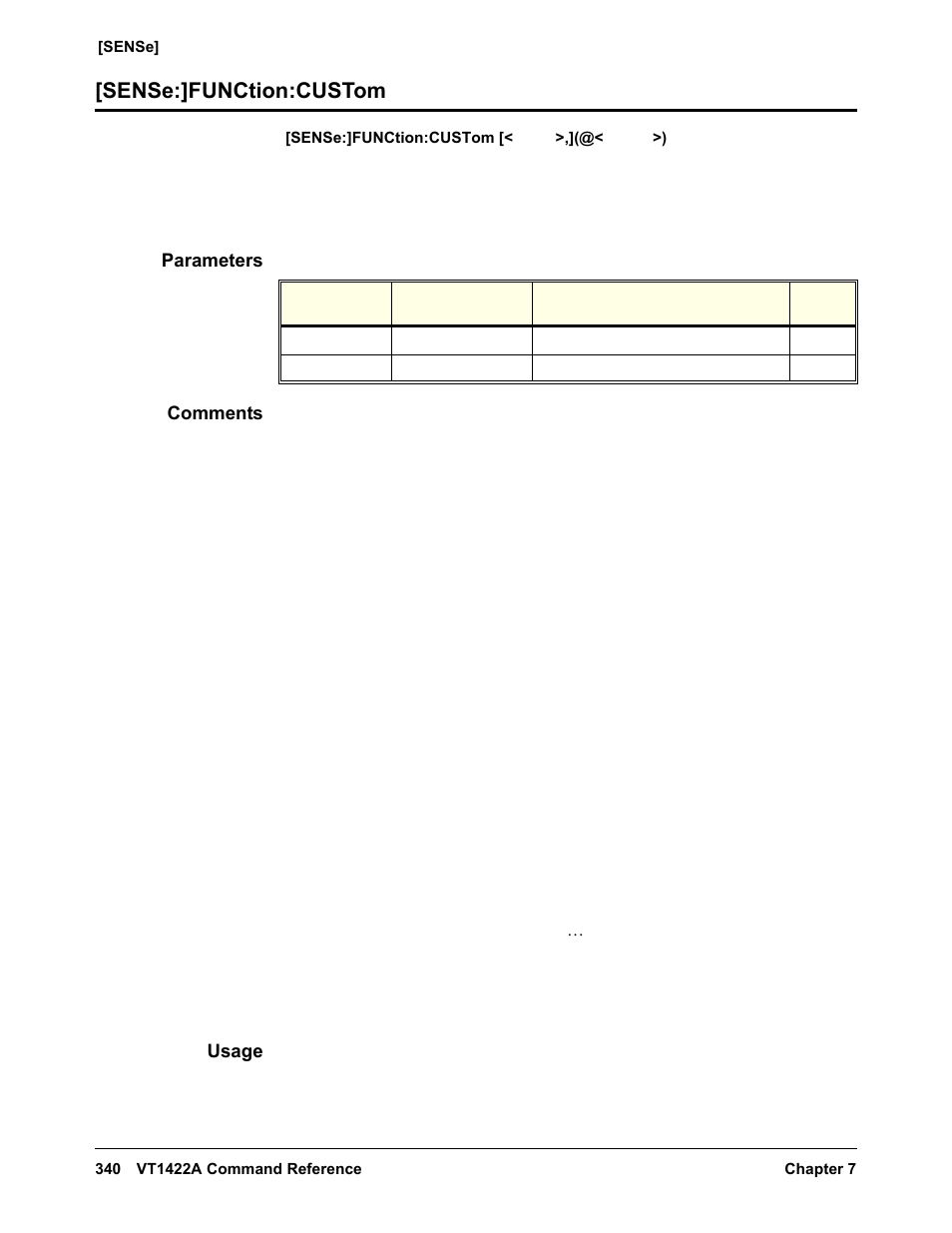 Sense:]function:custom, Parameters, Comments | Usage | VXI VT1422A User Manual | Page 342 / 529