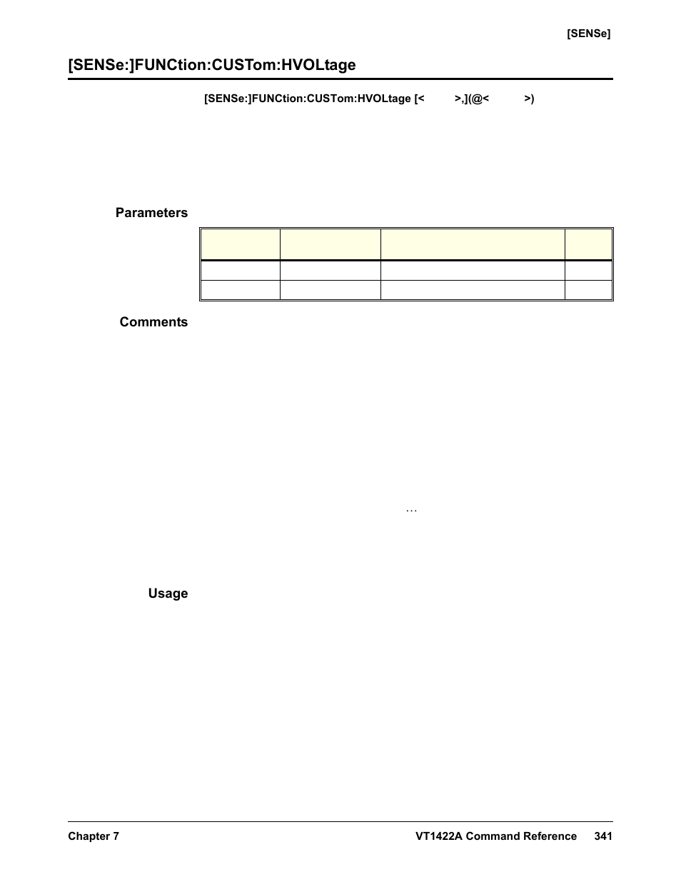 Sense:]function:custom:hvoltage, Parameters, Comments | Usage | VXI VT1422A User Manual | Page 343 / 529