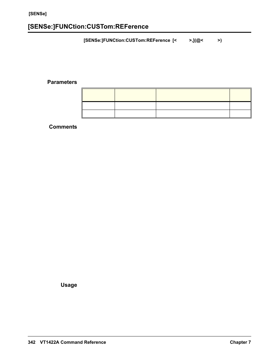 Sense:]function:custom:reference, Parameters, Comments | Usage | VXI VT1422A User Manual | Page 344 / 529