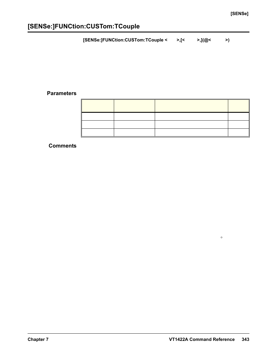 Sense:]function:custom:tcouple, Parameters, Comments | VXI VT1422A User Manual | Page 345 / 529