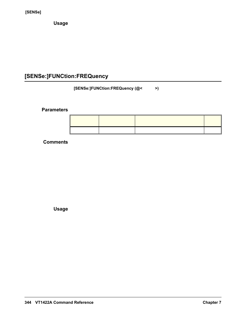 Usage, Sense:]function:frequency, Parameters | Comments | VXI VT1422A User Manual | Page 346 / 529