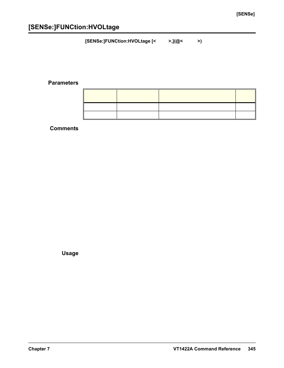 Sense:]function:hvoltage, Parameters, Comments | Usage | VXI VT1422A User Manual | Page 347 / 529