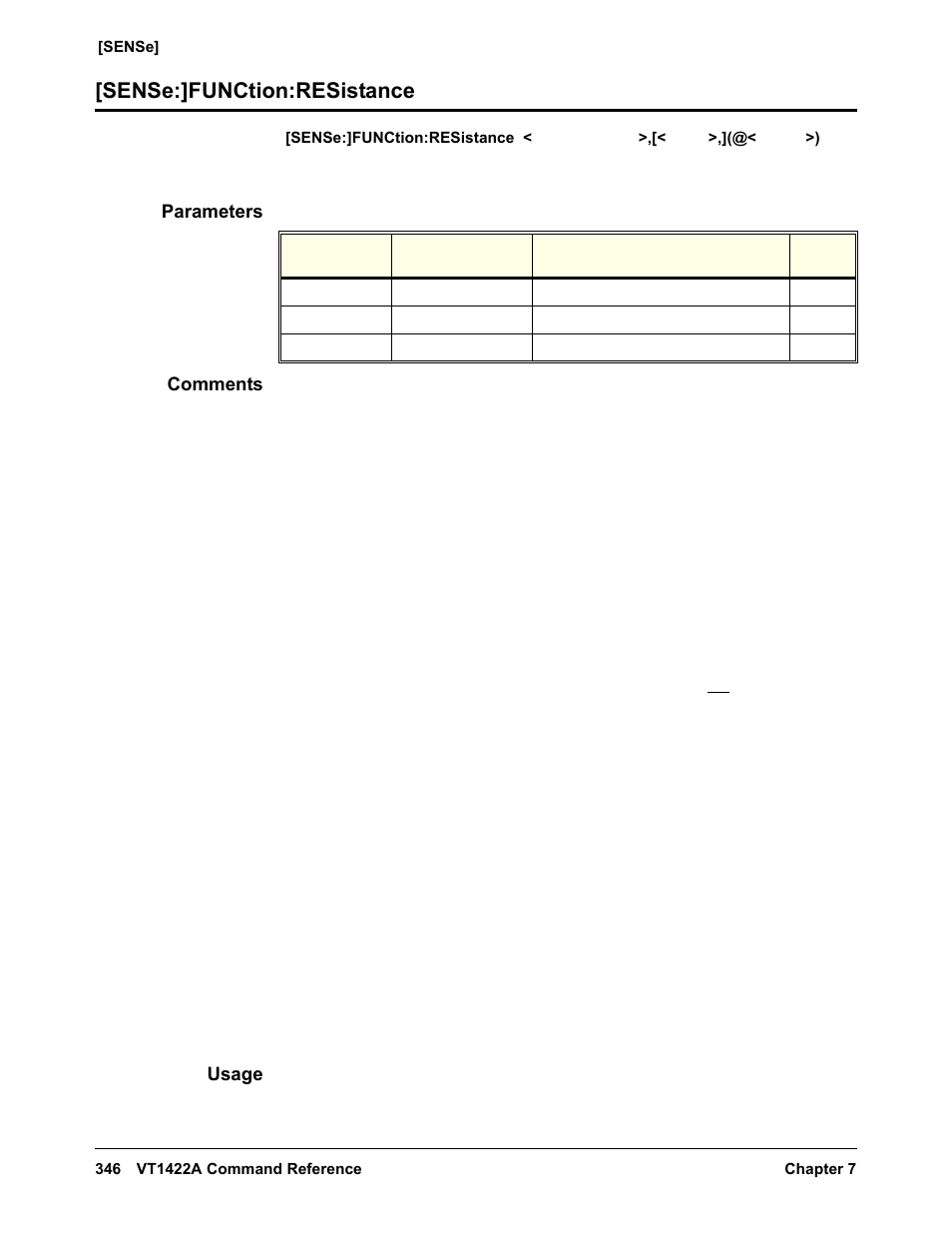 Sense:]function:resistance, Parameters, Comments | Usage | VXI VT1422A User Manual | Page 348 / 529