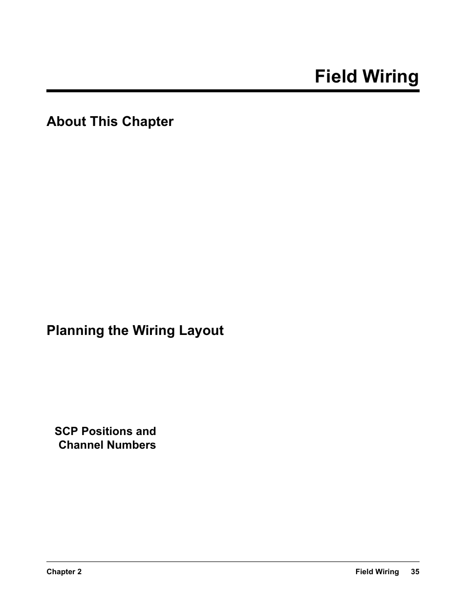 Chapter 2 field wiring, About this chapter, Planning the wiring layout | Scp positions and channel numbers, Chapter 2, Field wiring | VXI VT1422A User Manual | Page 35 / 529