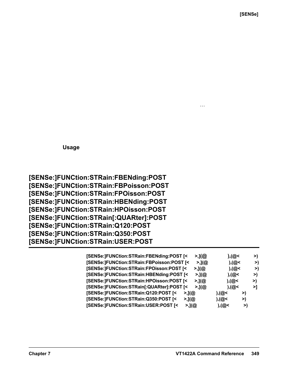 Usage, Sense:]function:strain:fbending:post, Sense:]function:strain:fbpoisson:post | Sense:]function:strain:fpoisson:post, Sense:]function:strain:hbending:post, Sense:]function:strain:hpoisson:post, Sense:]function:strain[:quarter]:post, Sense:]function:strain:q120:post, Sense:]function:strain:q350:post, Sense:]function:strain:user:post | VXI VT1422A User Manual | Page 351 / 529