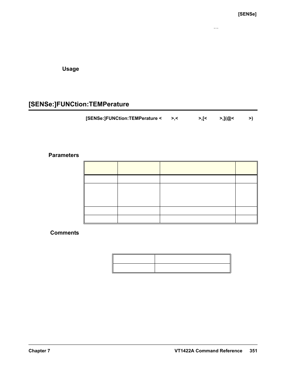 Usage, Sense:]function:temperature, Parameters | Comments | VXI VT1422A User Manual | Page 353 / 529