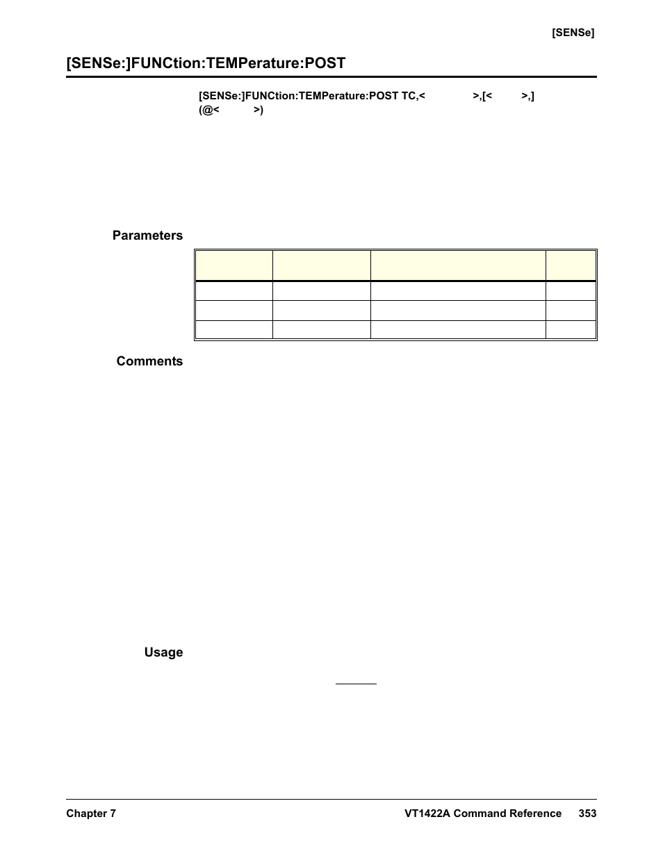 Sense:]function:temperature:post, Parameters, Comments | Usage | VXI VT1422A User Manual | Page 355 / 529