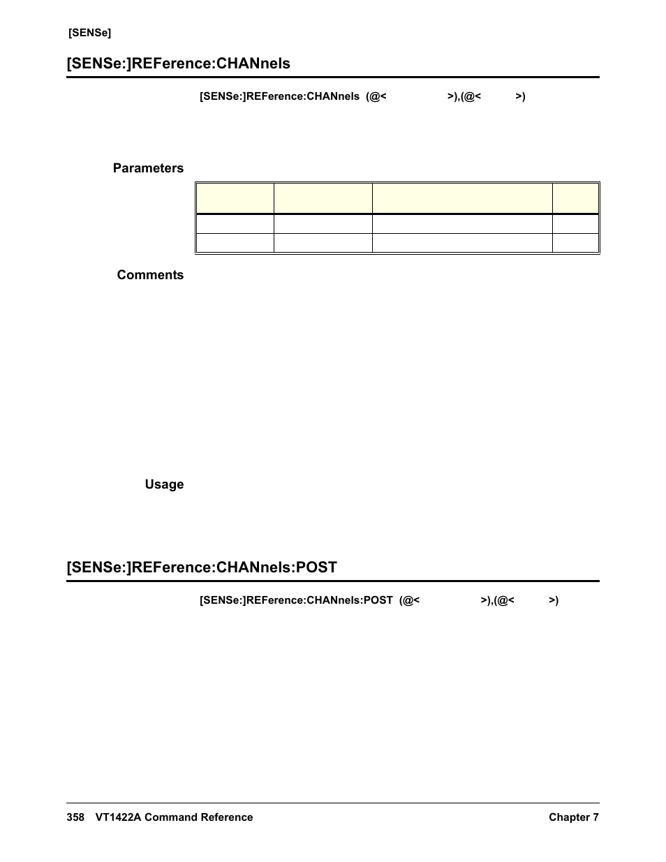 Sense:]reference:channels, Parameters, Comments | Usage, Sense:]reference:channels:post | VXI VT1422A User Manual | Page 360 / 529