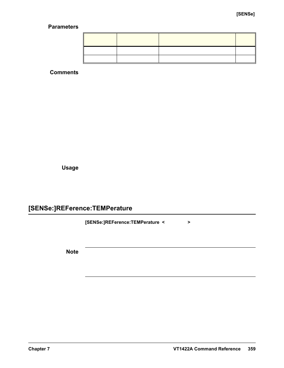 Parameters, Comments, Usage | Sense:]reference:temperature | VXI VT1422A User Manual | Page 361 / 529