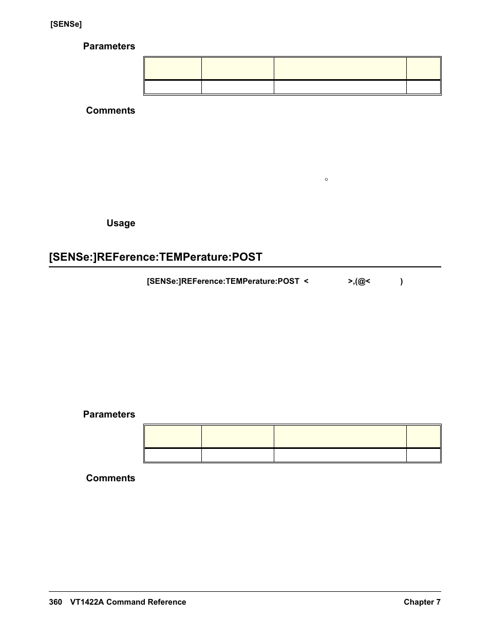 Parameters, Comments, Usage | Sense:]reference:temperature:post | VXI VT1422A User Manual | Page 362 / 529