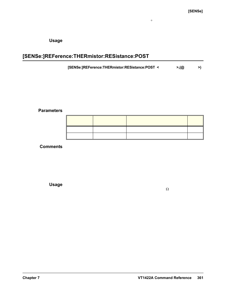 Usage, Sense:]reference:thermistor:resistance:post, Parameters | Comments | VXI VT1422A User Manual | Page 363 / 529