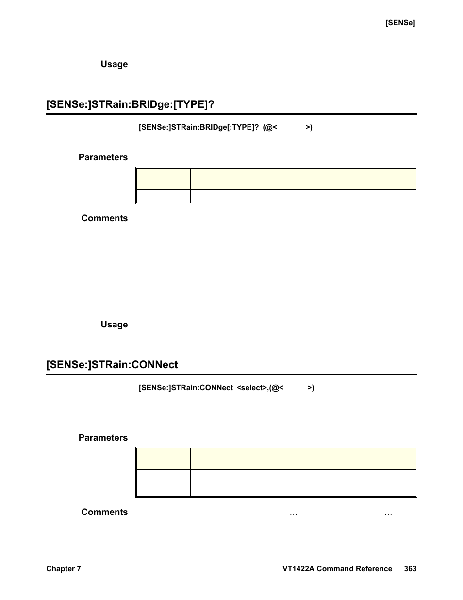 Usage, Sense:]strain:bridge:[type, Parameters | Comments, Sense:]strain:connect | VXI VT1422A User Manual | Page 365 / 529