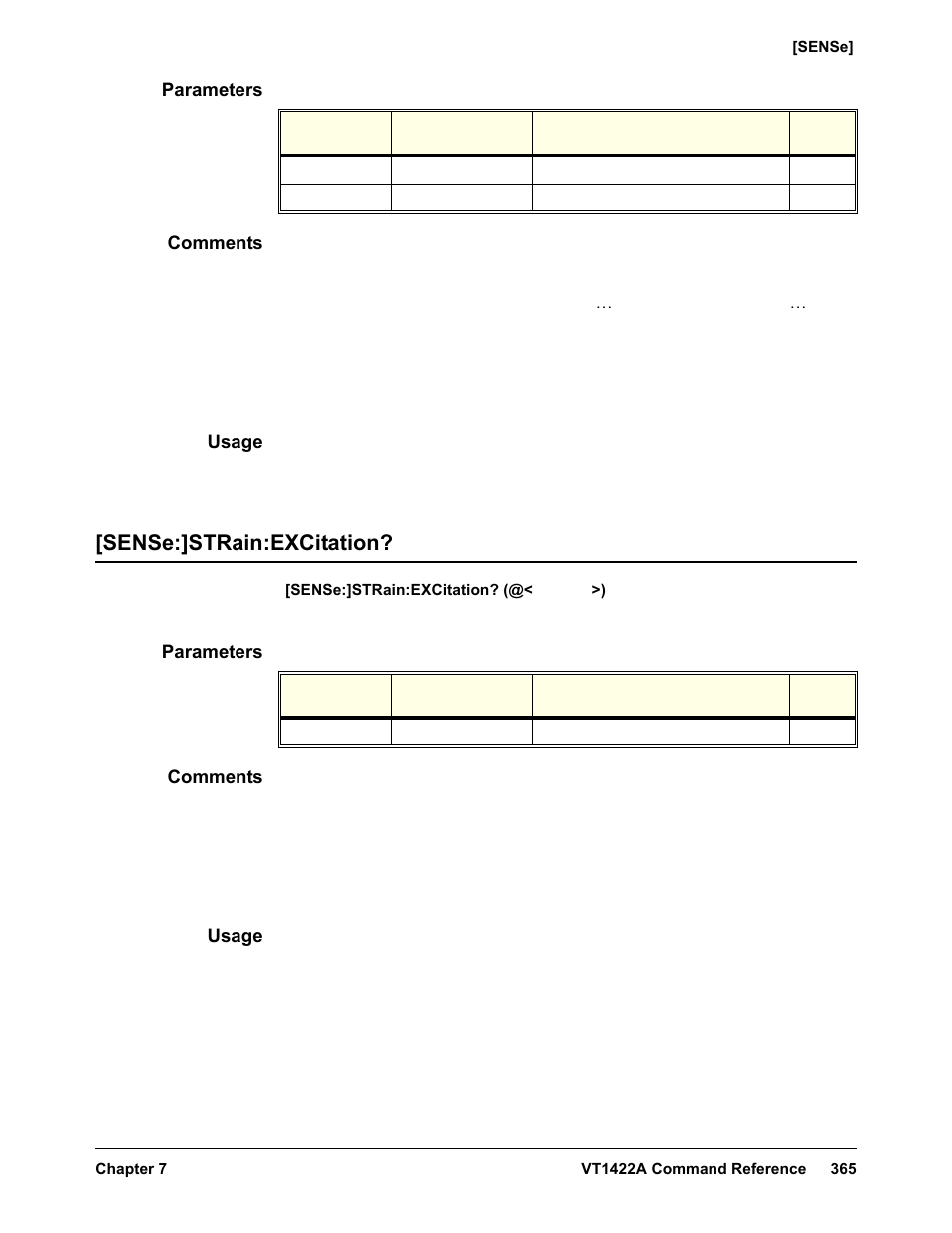 Parameters, Comments, Usage | Sense:]strain:excitation | VXI VT1422A User Manual | Page 367 / 529