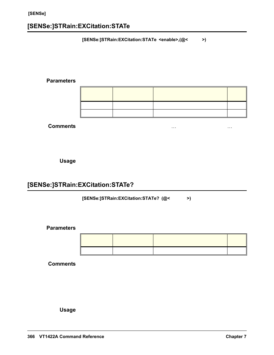 Sense:]strain:excitation:state, Parameters, Comments | Usage | VXI VT1422A User Manual | Page 368 / 529