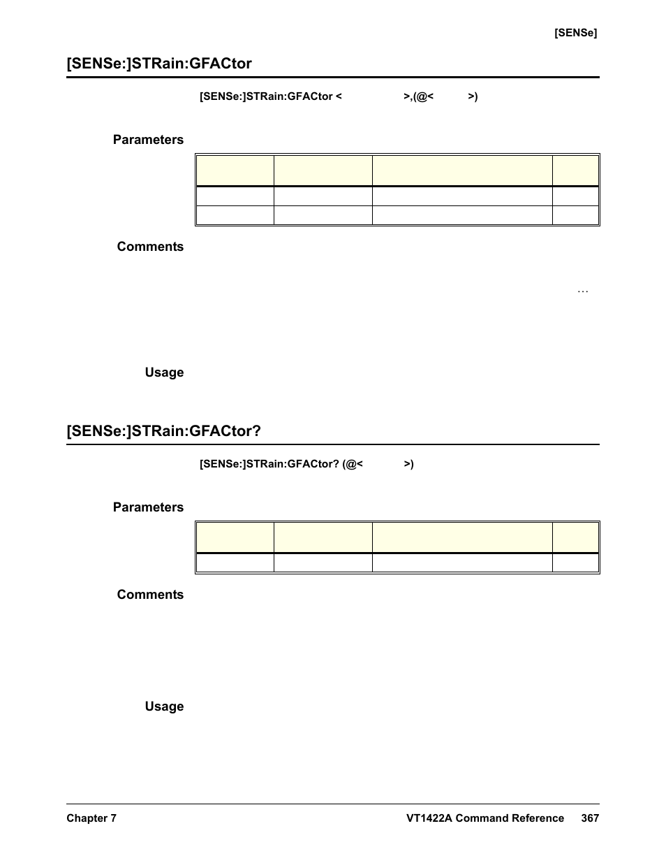 Sense:]strain:gfactor, Parameters, Comments | Usage, Sense:]strain:gfactor [sense:]strain:gfactor | VXI VT1422A User Manual | Page 369 / 529