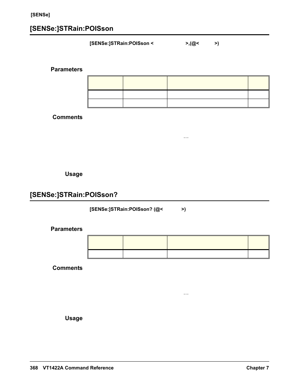 Sense:]strain:poisson, Parameters, Comments | Usage, Sense:]strain:poisson [sense:]strain:poisson | VXI VT1422A User Manual | Page 370 / 529