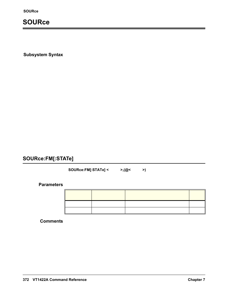 Source, Subsystem syntax, Source:fm[:state | Parameters, Comments | VXI VT1422A User Manual | Page 374 / 529