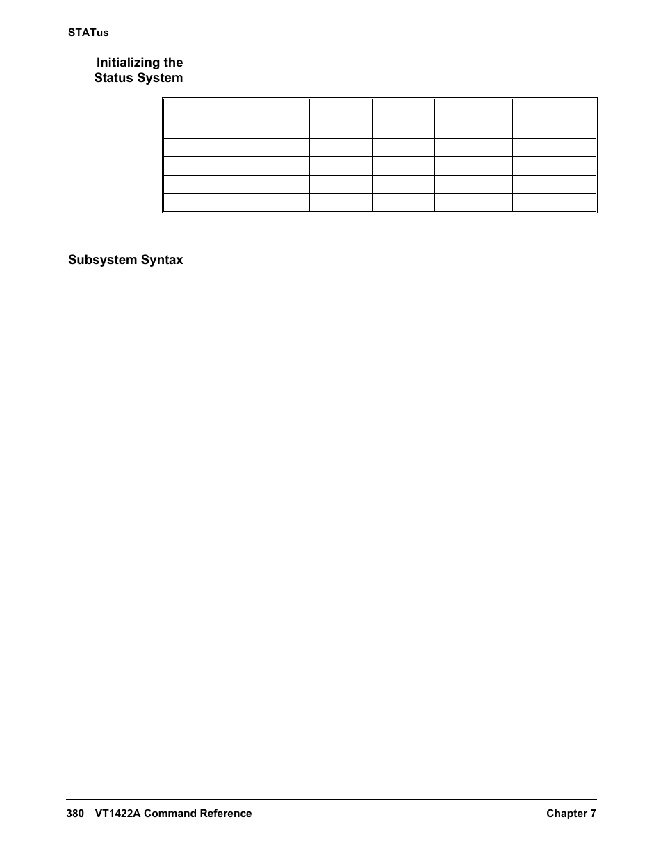 Initializing the status system, Subsystem syntax | VXI VT1422A User Manual | Page 382 / 529