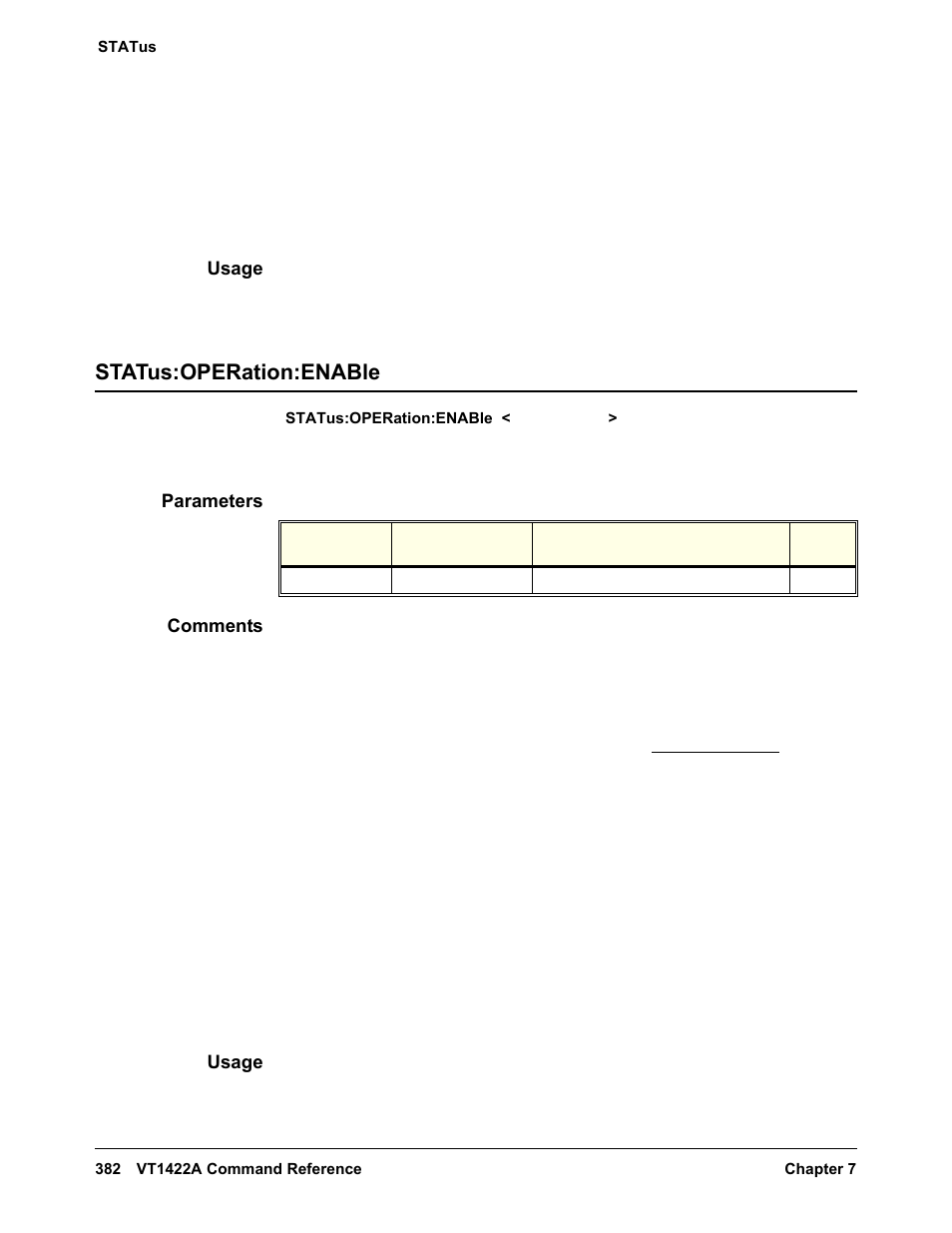 Usage, Status:operation:enable, Parameters | Comments | VXI VT1422A User Manual | Page 384 / 529