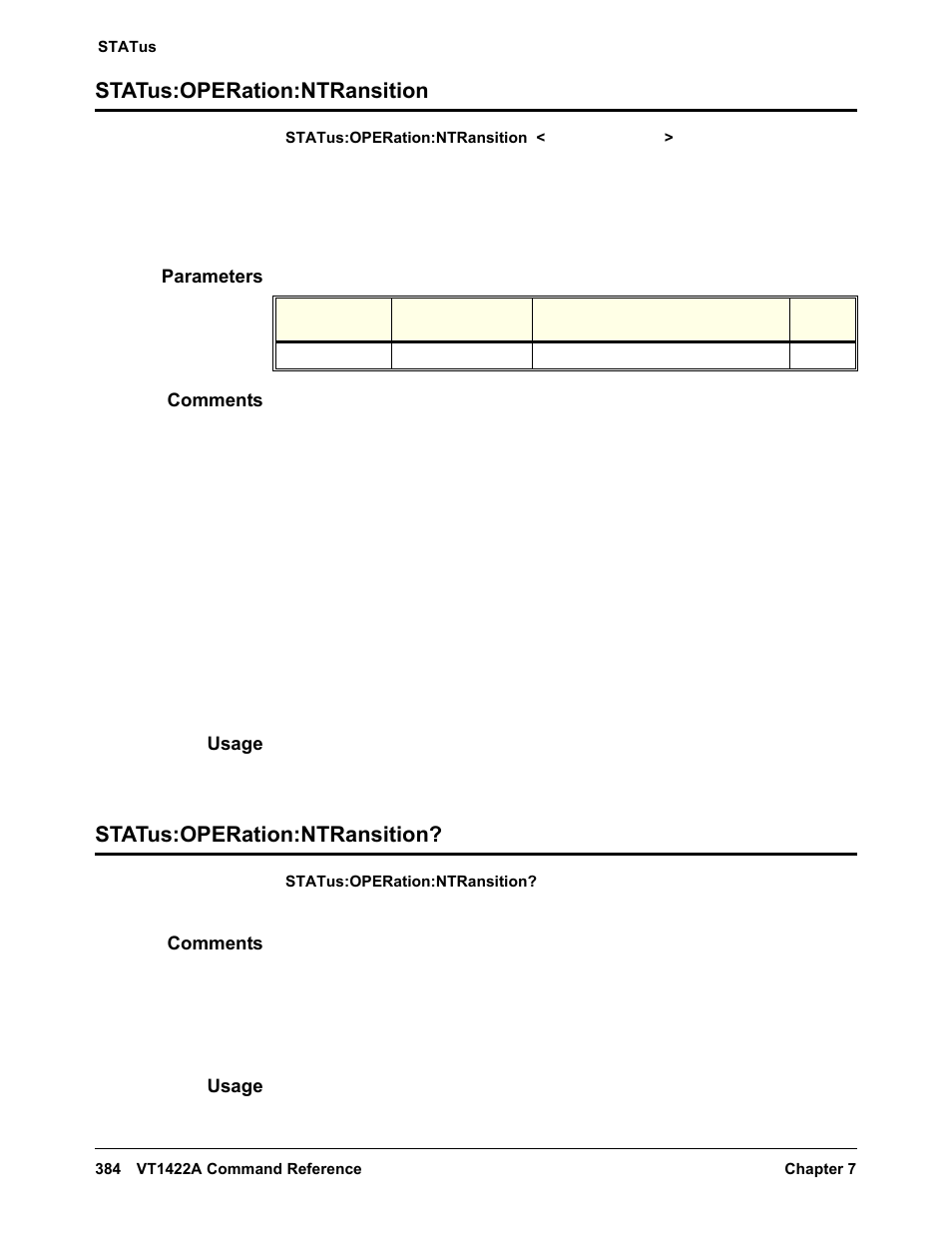 Status:operation:ntransition, Parameters, Comments | Usage | VXI VT1422A User Manual | Page 386 / 529