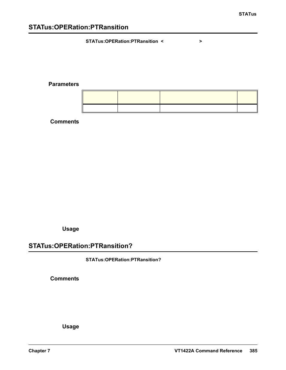 Status:operation:ptransition, Parameters, Comments | Usage | VXI VT1422A User Manual | Page 387 / 529