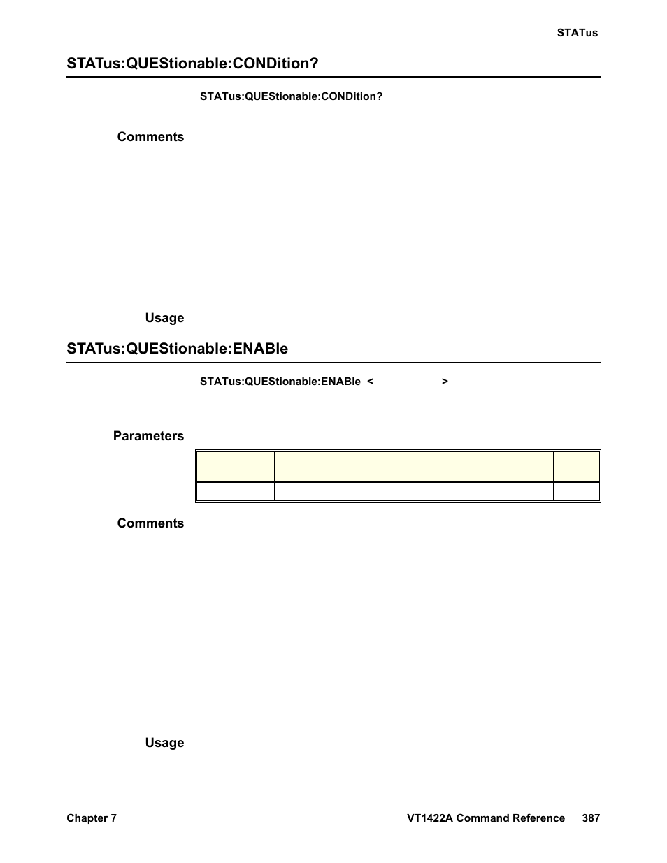 Status:questionable:condition, Comments, Usage | Status:questionable:enable, Parameters | VXI VT1422A User Manual | Page 389 / 529