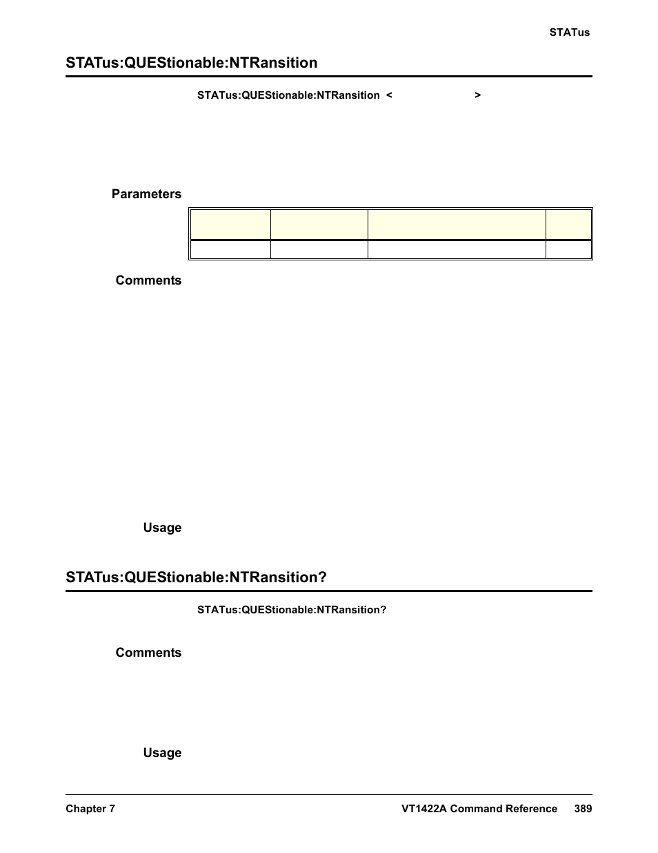 Status:questionable:ntransition, Parameters, Comments | Usage | VXI VT1422A User Manual | Page 391 / 529