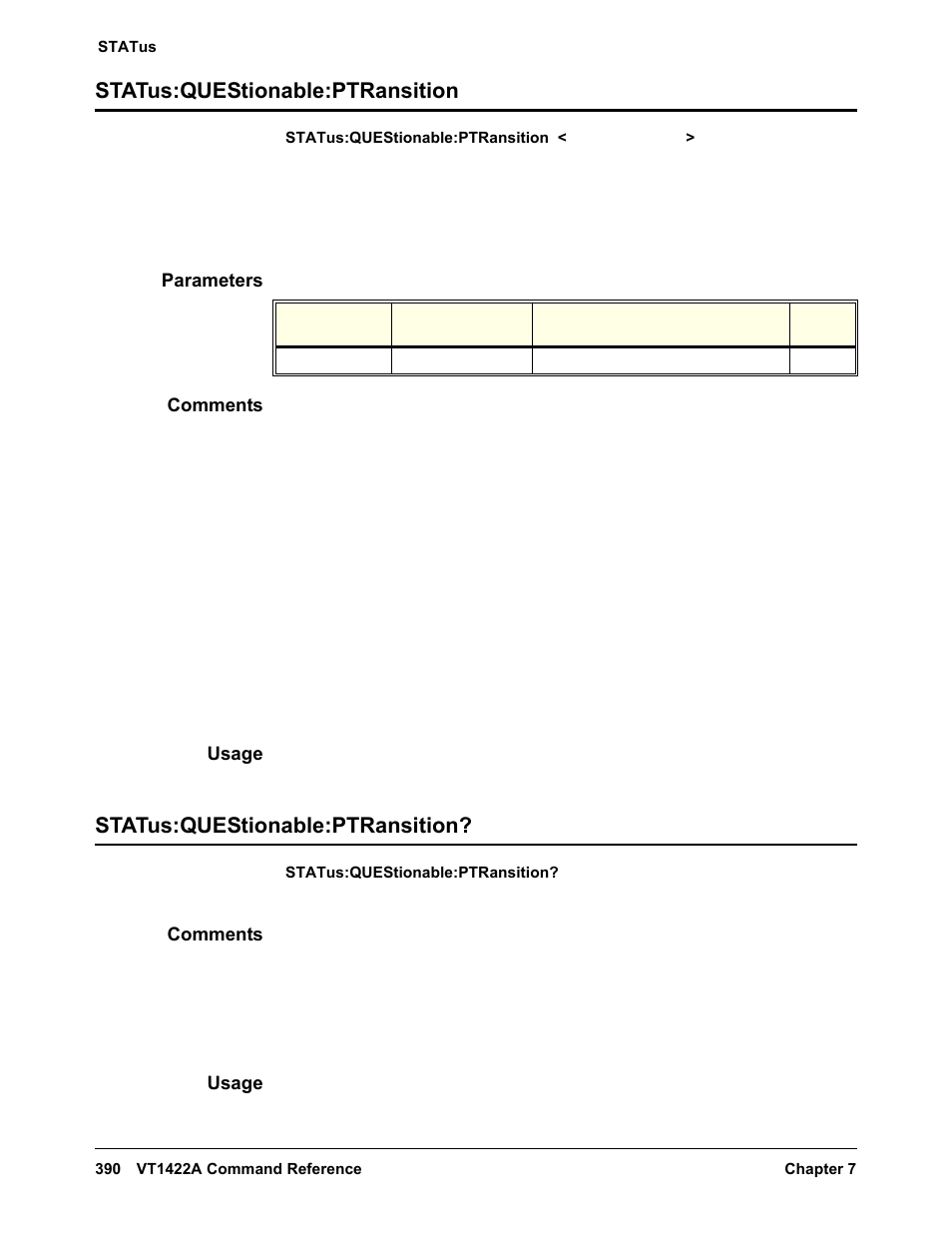 Status:questionable:ptransition, Parameters, Comments | Usage | VXI VT1422A User Manual | Page 392 / 529