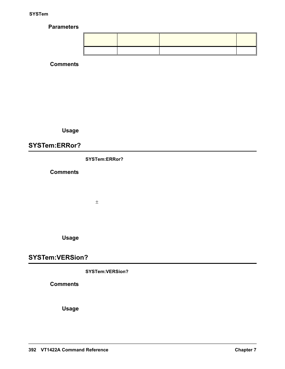 Parameters, Comments, Usage | System:error, System:version, System:error? system:version | VXI VT1422A User Manual | Page 394 / 529