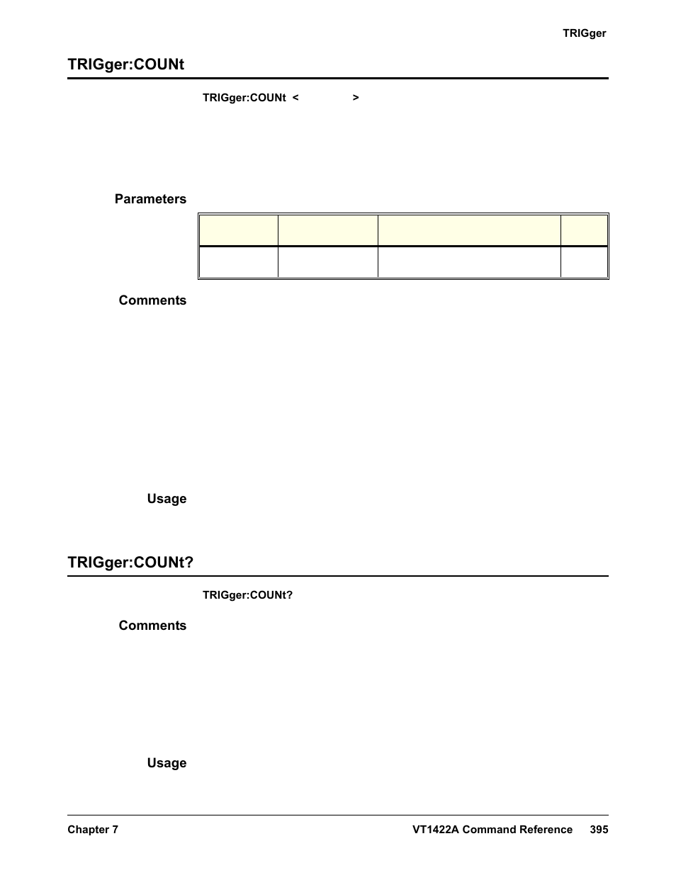 Trigger:count, Parameters, Comments | Usage, Trigger:count trigger:count | VXI VT1422A User Manual | Page 397 / 529