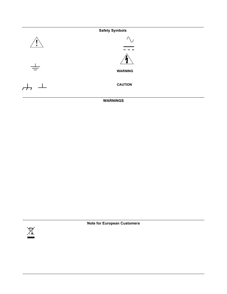 Safety symbols, Warnings, Note for european customers | VXI VT1422A User Manual | Page 4 / 529