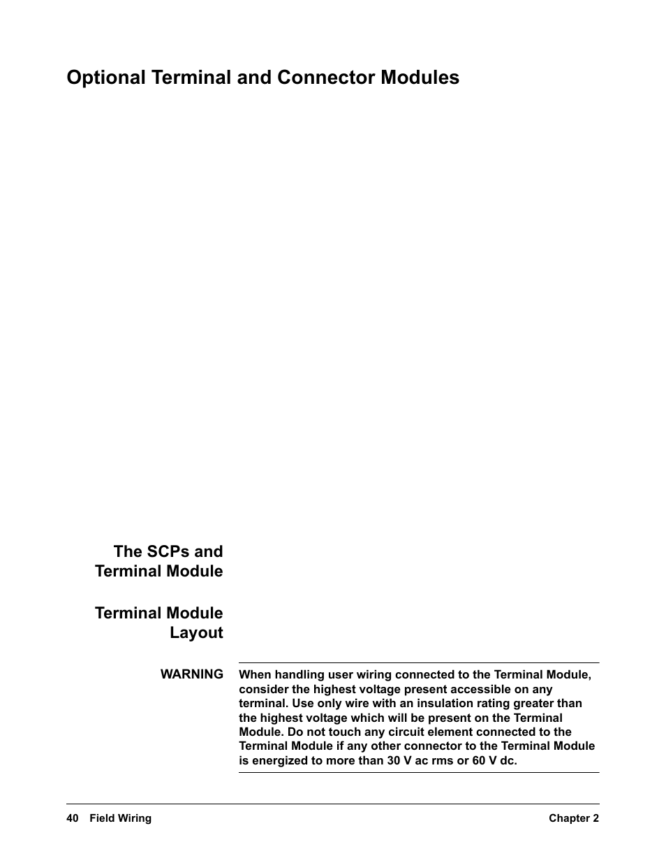 Optional terminal and connector modules, The scps and terminal module, Terminal module layout | VXI VT1422A User Manual | Page 40 / 529