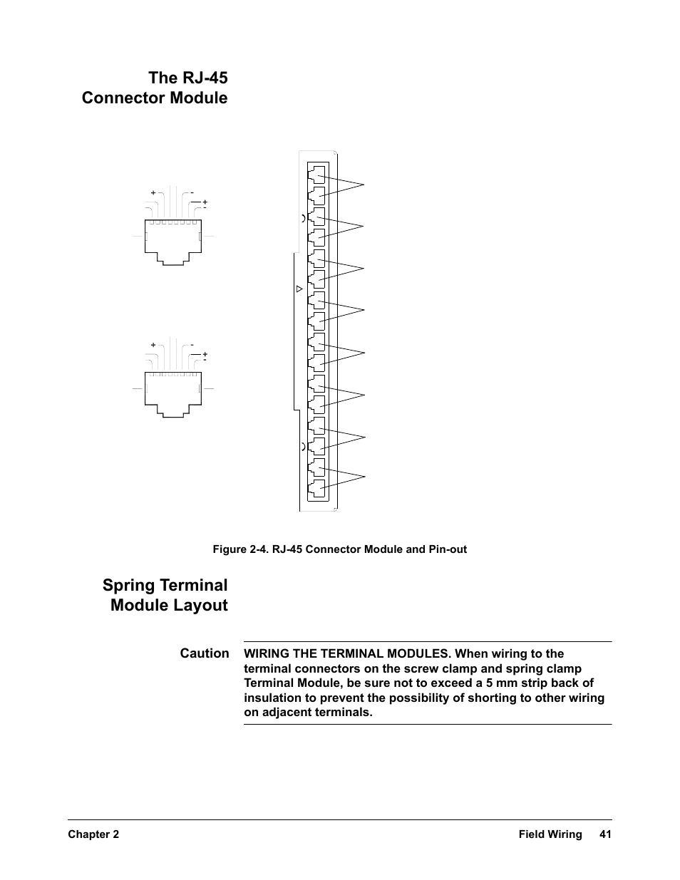 The rj-45 connector module, Spring terminal module layout, 4 thro | Caution, Field wiring 41 chapter 2, Figure 2-4. rj-45 connector module and pin-out | VXI VT1422A User Manual | Page 41 / 529