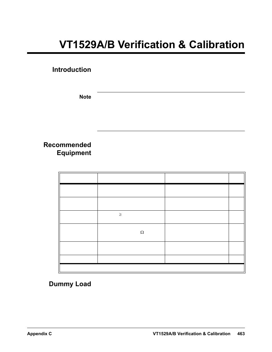 Appendix c vt1529a/b verification & calibration, Introduction, Recommended equipment | Dummy load, Appendix c, Vt1529a/b verification & calibration, Introduction recommended equipment dummy load | VXI VT1422A User Manual | Page 465 / 529