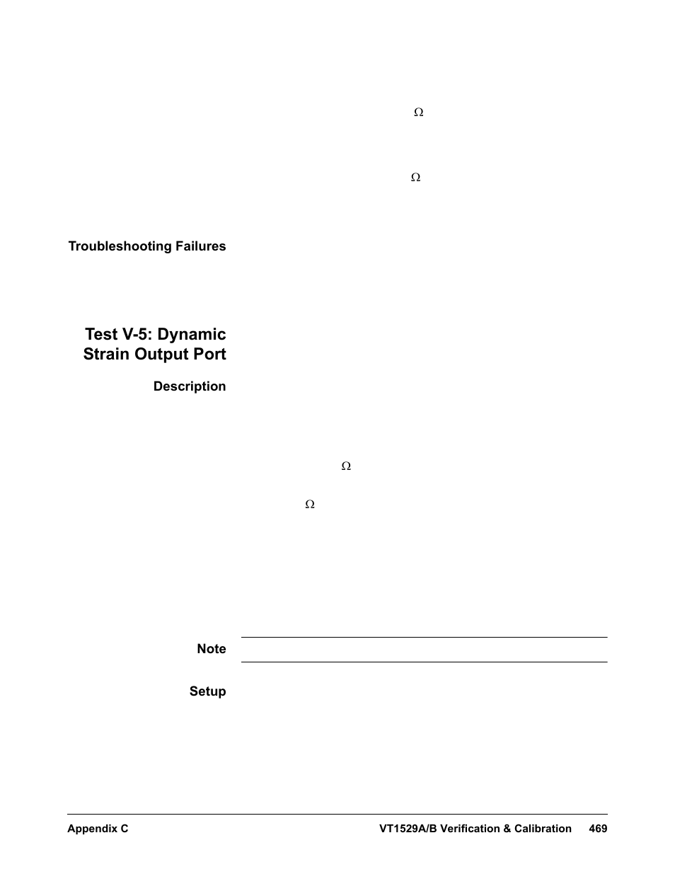 Troubleshooting failures, Test v-5: dynamic strain output port, Description | Setup | VXI VT1422A User Manual | Page 471 / 529